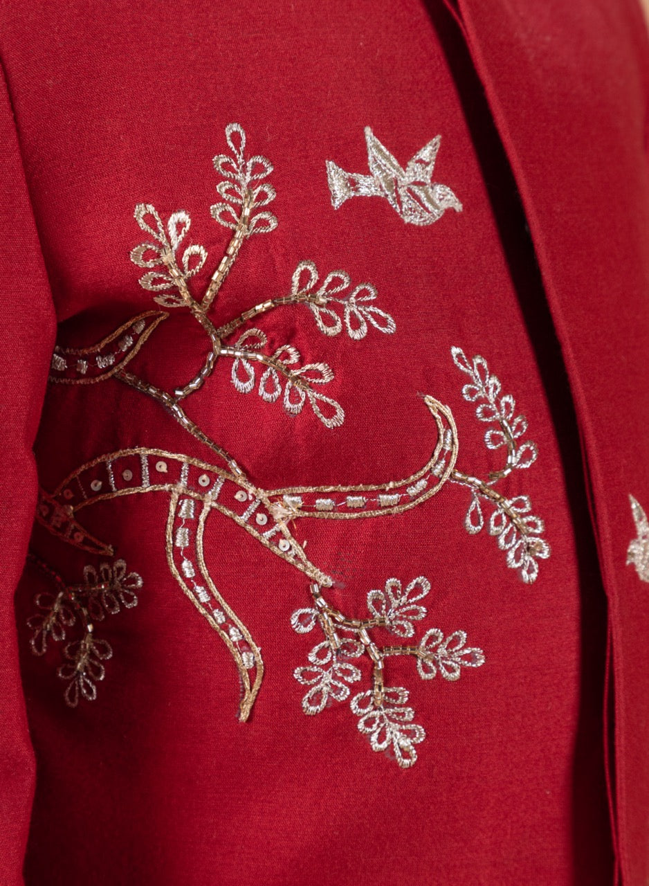 Marun Front Open Sherwani With Hand And Thread Embroidery Animal/Bird And Tree Branches With Pajama Set