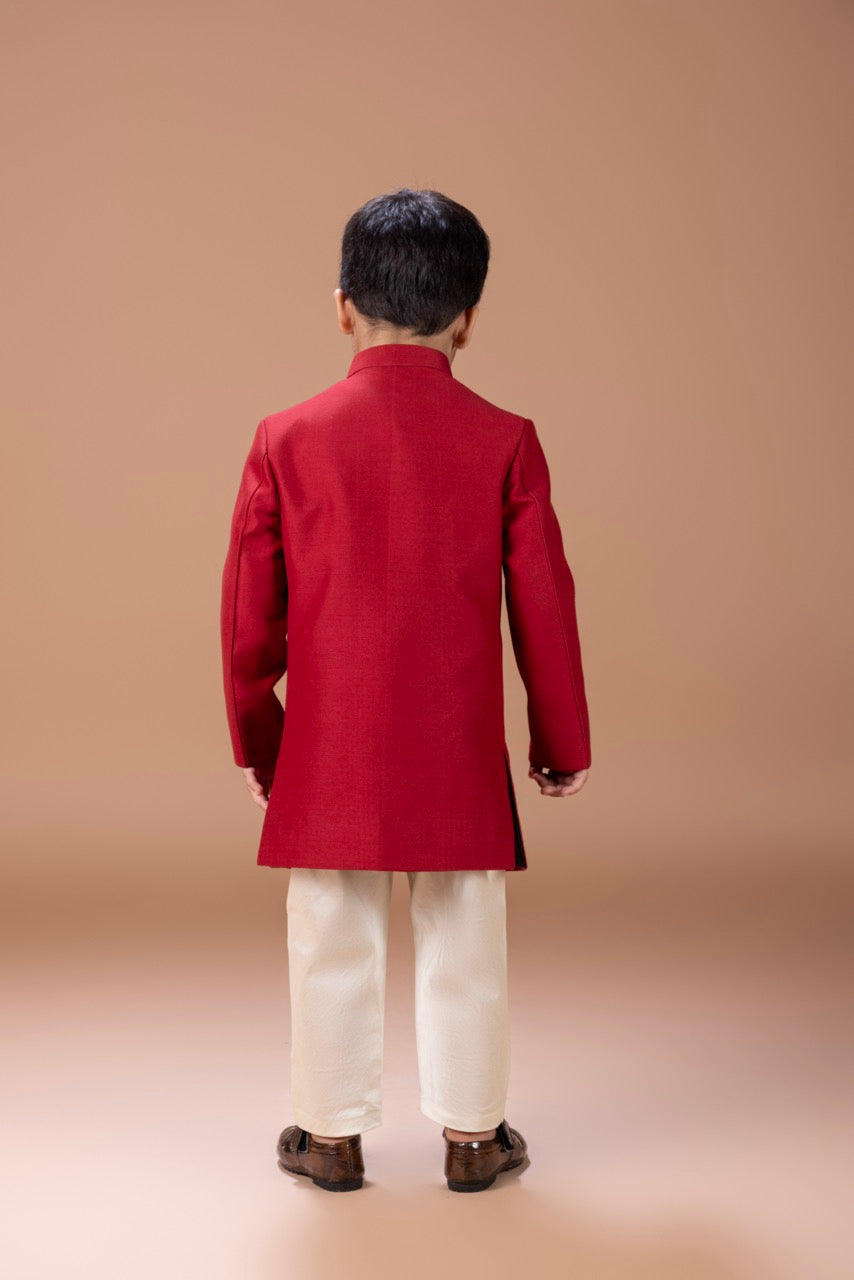 Marun Front Open Sherwani With Hand And Thread Embroidery Animal/Bird And Tree Branches With Pajama Set