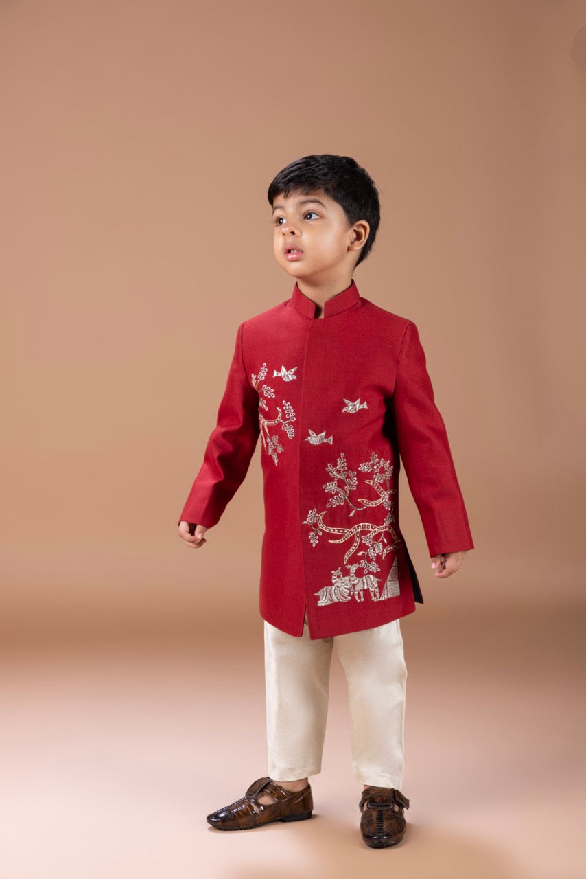 Marun Front Open Sherwani With Hand And Thread Embroidery Animal/Bird And Tree Branches With Pajama Set