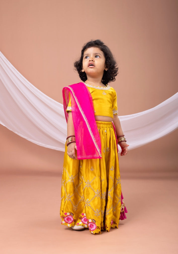 Mustard Yellow Embroidered Blouse With Flower Sclape Heavy Embroidered Ghagara Set