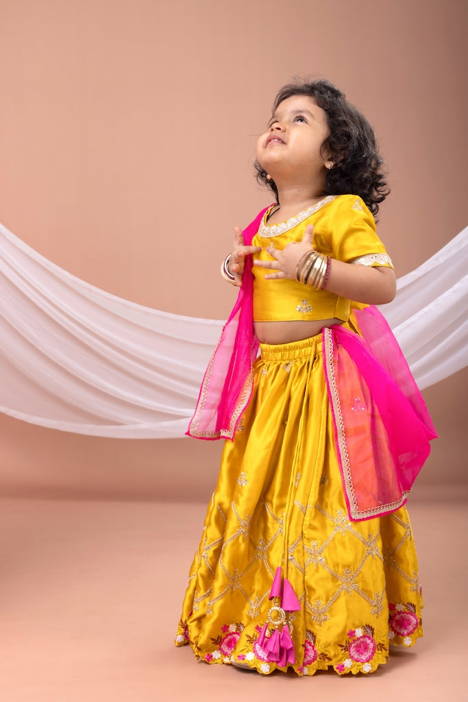 Mustard Yellow Embroidered Blouse With Flower Sclape Heavy Embroidered Ghagara Set