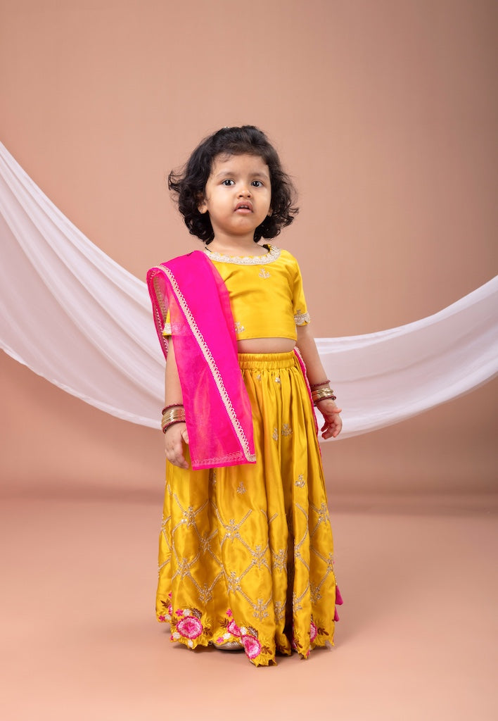 Mustard Yellow Embroidered Blouse With Flower Sclape Heavy Embroidered Ghagara Set