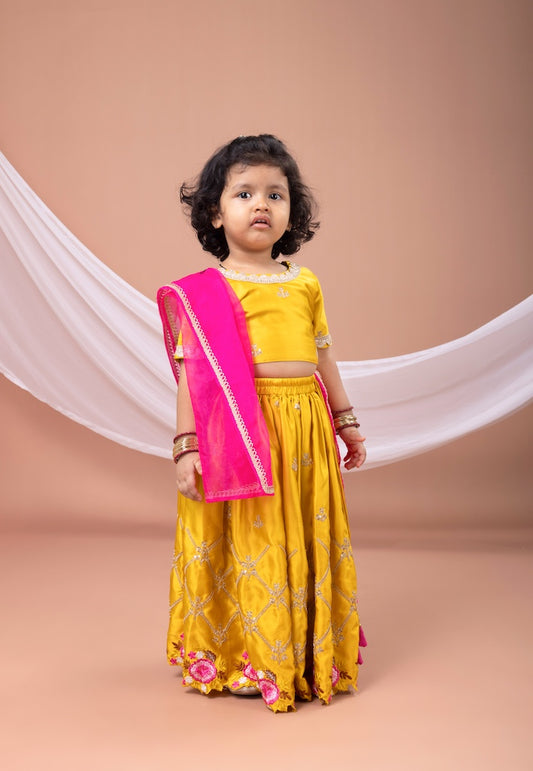 Mustard Yellow Embroidered Blouse With Flower Sclape Heavy Embroidered Ghagara Set