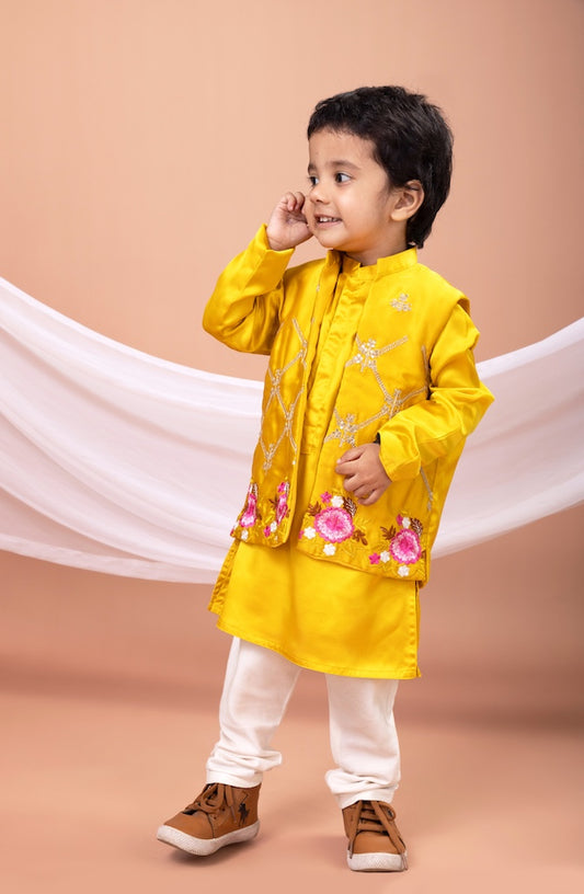 Mustard Yellow Kurta With Heavy Embroidered Open Jacket With Pajama Set