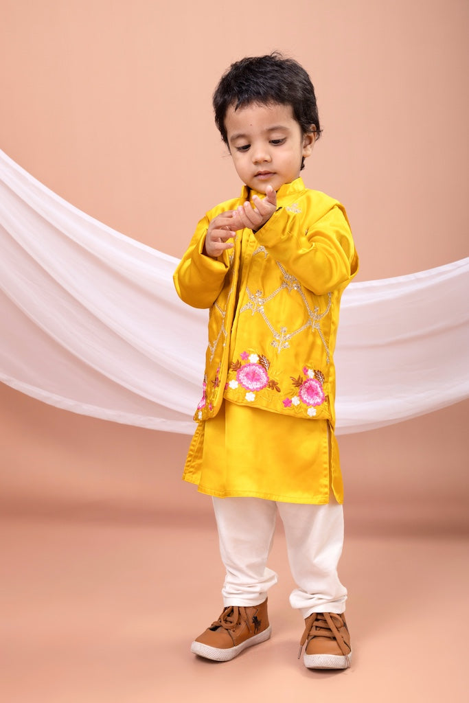 Mustard Yellow Kurta With Heavy Embroidered Open Jacket With Pajama Set