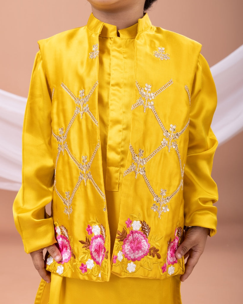 Mustard Yellow Kurta With Heavy Embroidered Open Jacket With Pajama Set