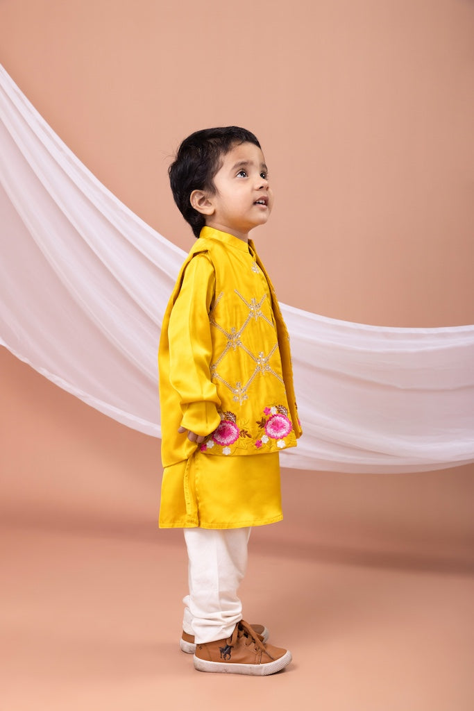 Mustard Yellow Kurta With Heavy Embroidered Open Jacket With Pajama Set