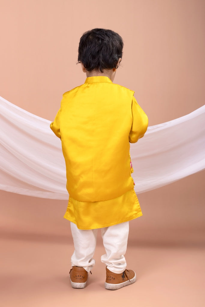 Mustard Yellow Kurta With Heavy Embroidered Open Jacket With Pajama Set
