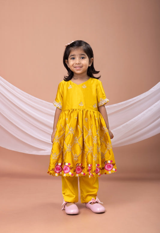 Mustard Yellow Embroidered Kurti Top With Pant Set