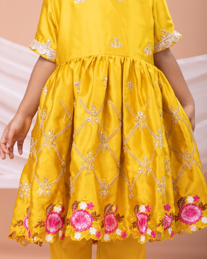 Mustard Yellow Embroidered Kurti Top With Pant Set