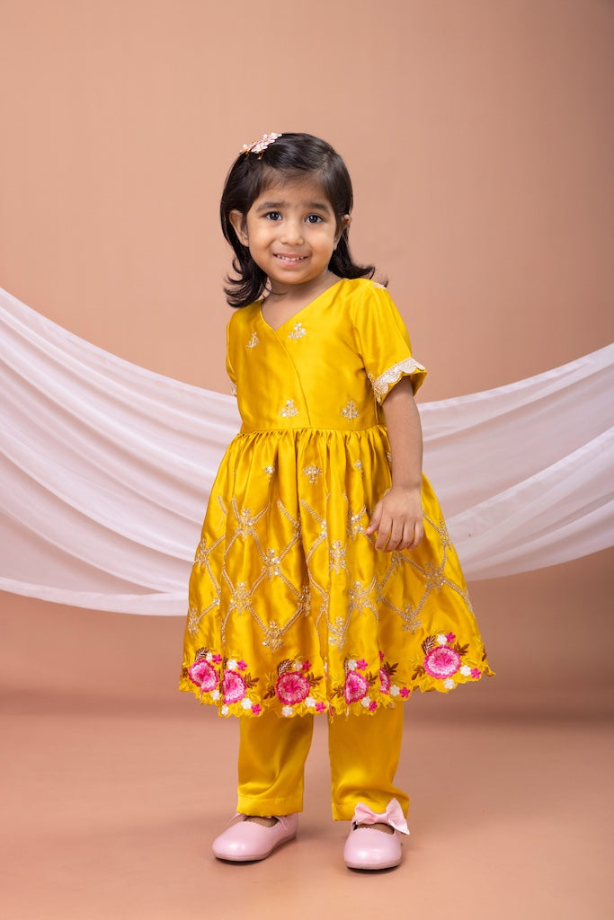 Mustard Yellow Embroidered Kurti Top With Pant Set