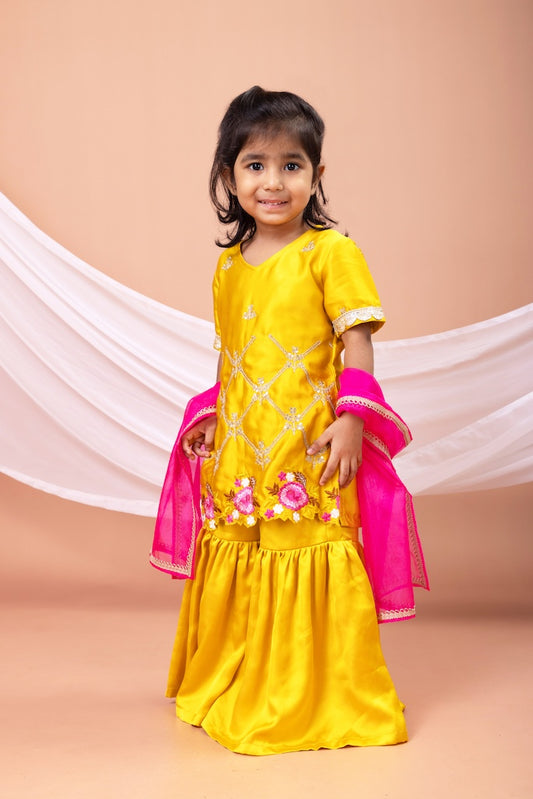 Mustard Yellow Embroidered Kurti Top With Sharara Set