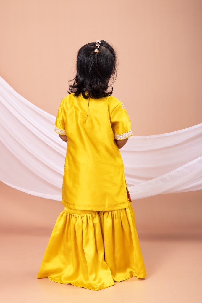 Mustard Yellow Embroidered Kurti Top With Sharara Set