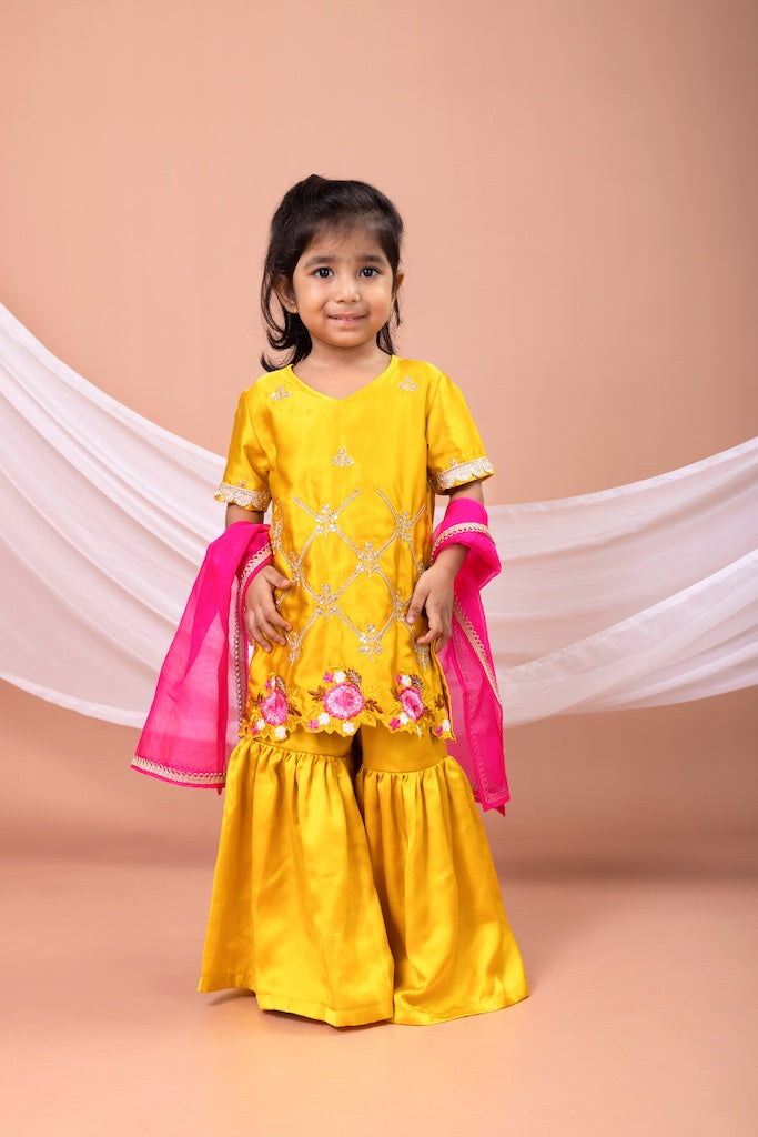 Mustard Yellow Embroidered Kurti Top With Sharara Set