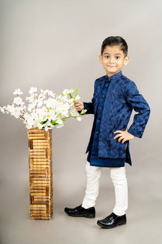 Navy Blue Heavy Embroidery Front Open Attached Jacket Stylish Sherwani Set