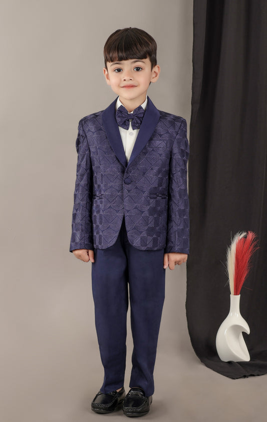 Navy Blue Heavy Embroidery Tuxedo With Shirt/Pant With Bow Tie Set