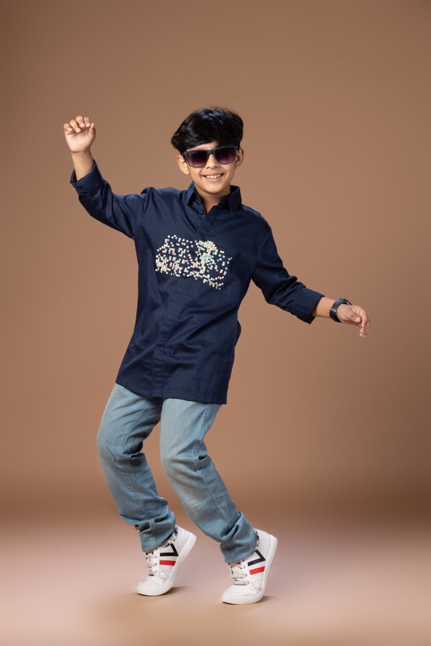 Multicolour Small Boxes Embroidered On Front Chest Stylish Full Shirt