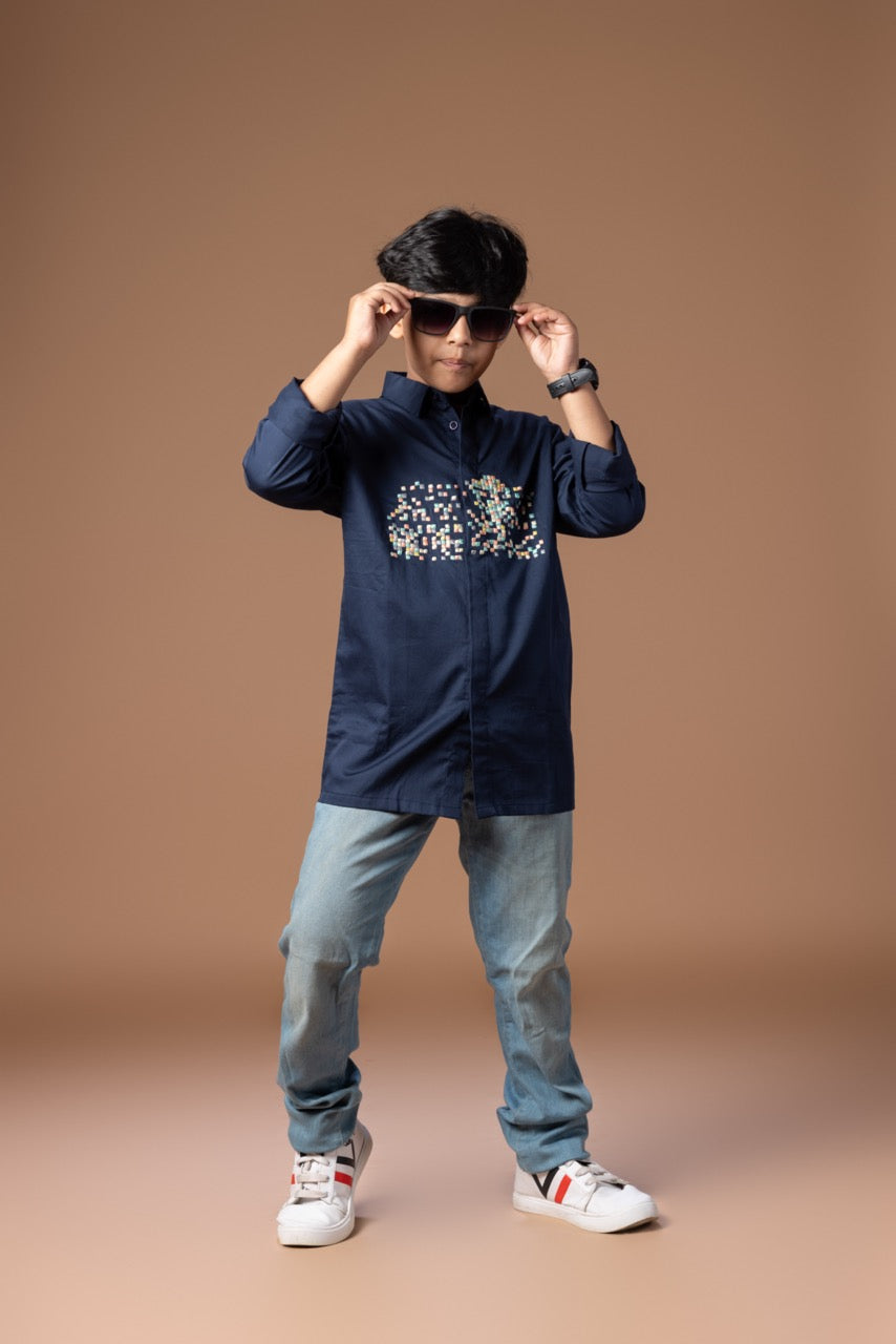 Multicolour Small Boxes Embroidered On Front Chest Stylish Full Shirt