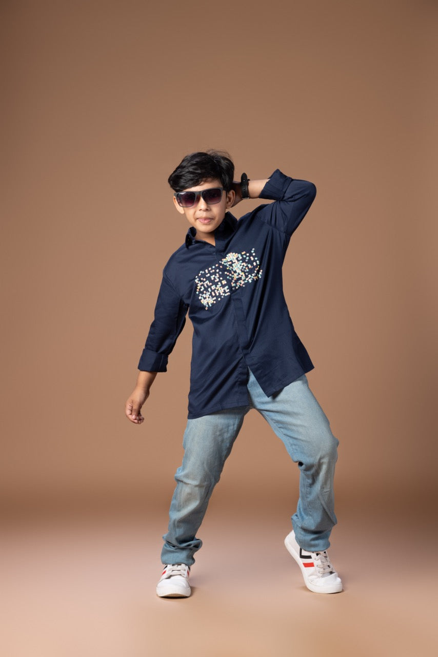 Multicolour Small Boxes Embroidered On Front Chest Stylish Full Shirt