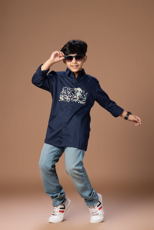 Multicolour Small Boxes Embroidered On Front Chest Stylish Full Shirt
