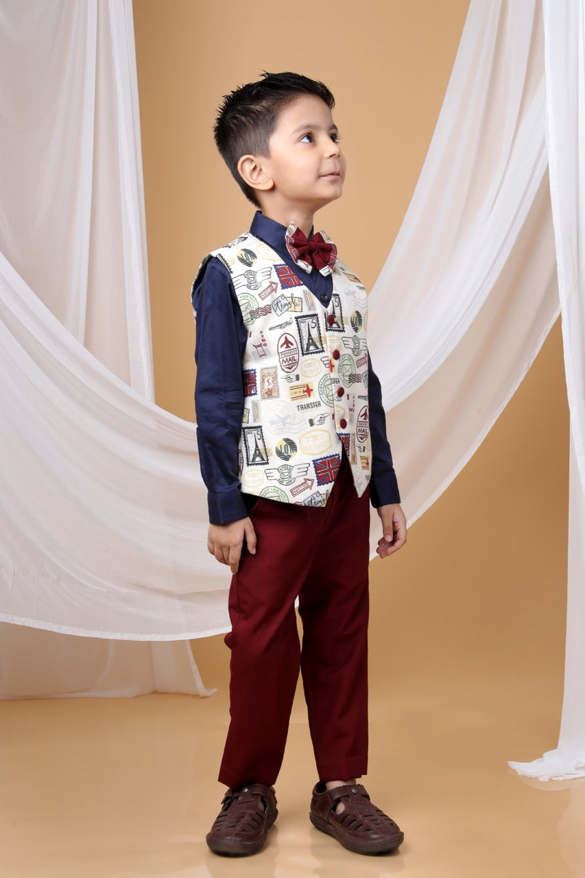 Navy Blue Shirt/Stamps Printed Beidge Waist Coat With Marun Pant/Bow Tie Set
