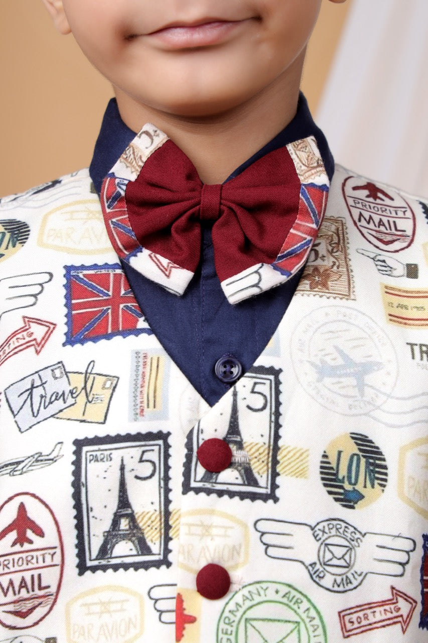 Navy Blue Shirt/Stamps Printed Beidge Waist Coat With Marun Pant/Bow Tie Set