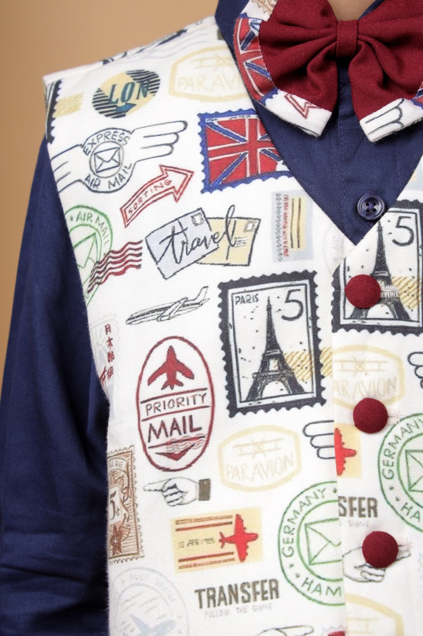 Navy Blue Shirt/Stamps Printed Beidge Waist Coat With Marun Pant/Bow Tie Set