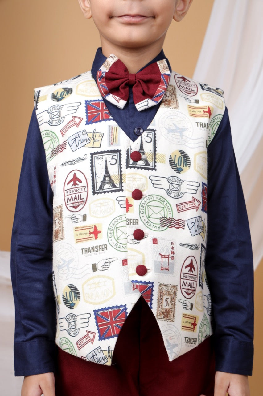 Navy Blue Shirt/Stamps Printed Beidge Waist Coat With Marun Pant/Bow Tie Set