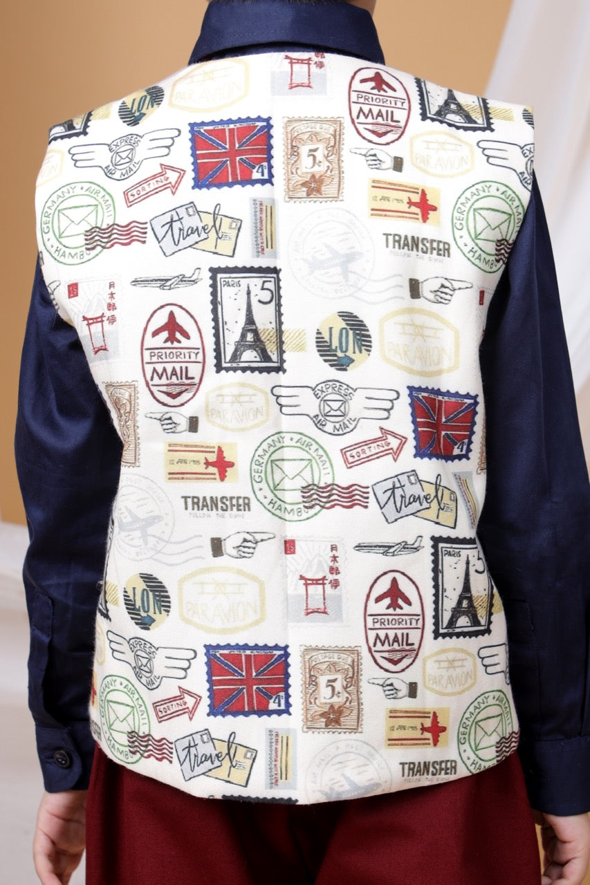 Navy Blue Shirt/Stamps Printed Beidge Waist Coat With Marun Pant/Bow Tie Set