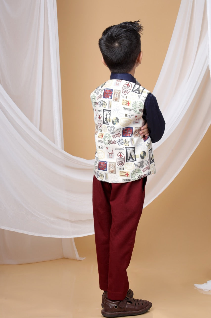 Navy Blue Shirt/Stamps Printed Beidge Waist Coat With Marun Pant/Bow Tie Set