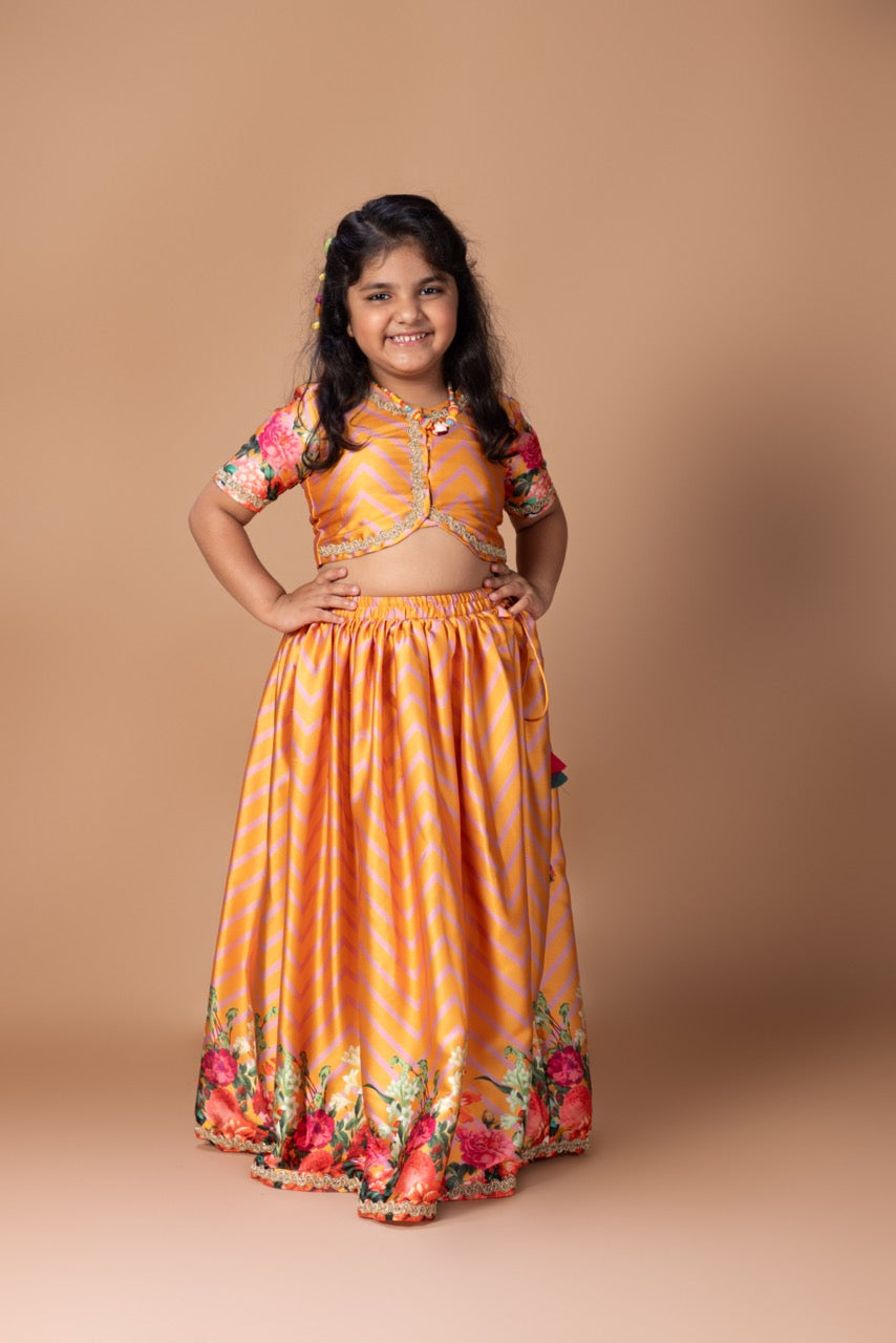Orange Zigzag Flower Printed Blouse And Ghagara Set