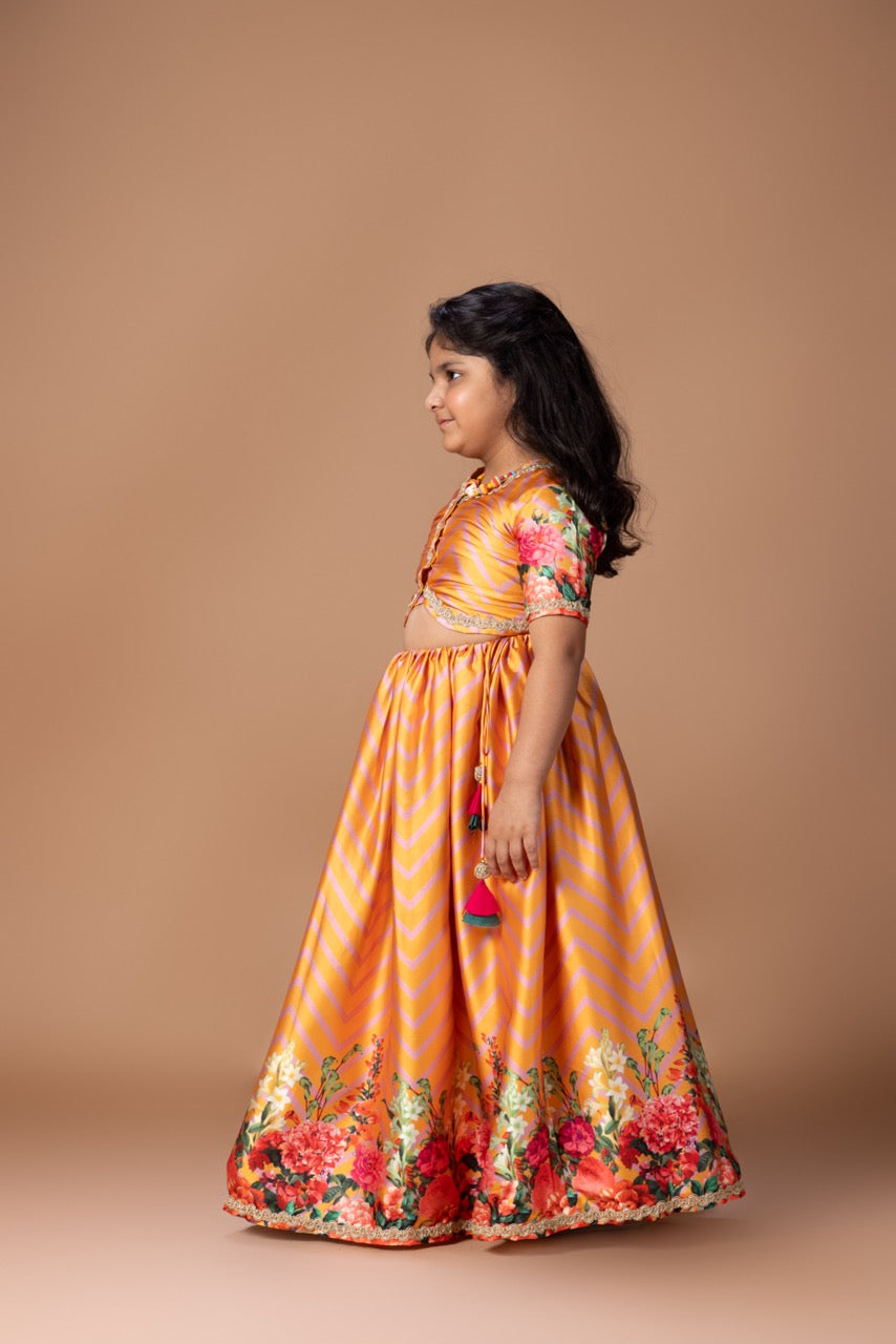 Orange Zigzag Flower Printed Blouse And Ghagara Set