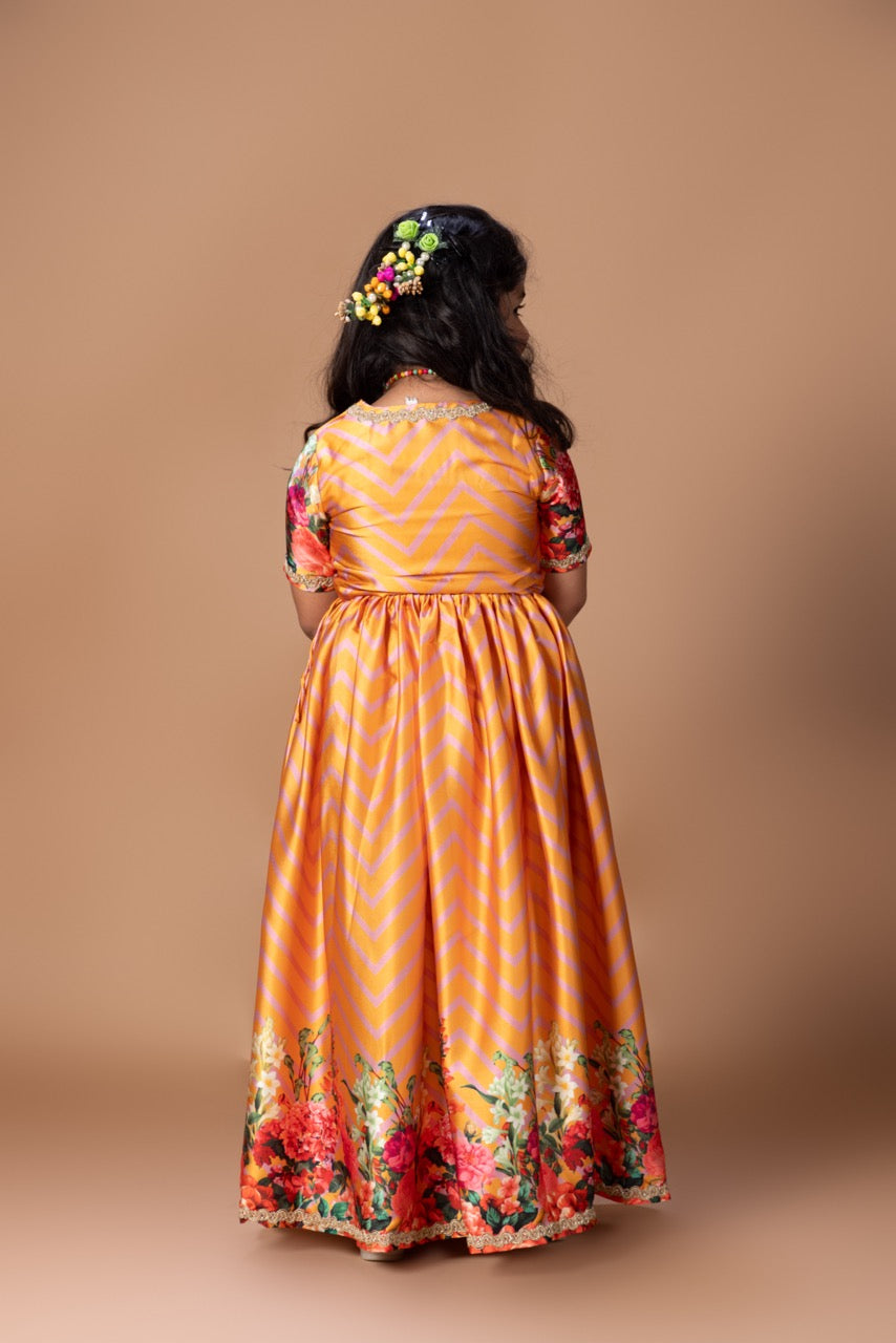 Orange Zigzag Flower Printed Blouse And Ghagara Set