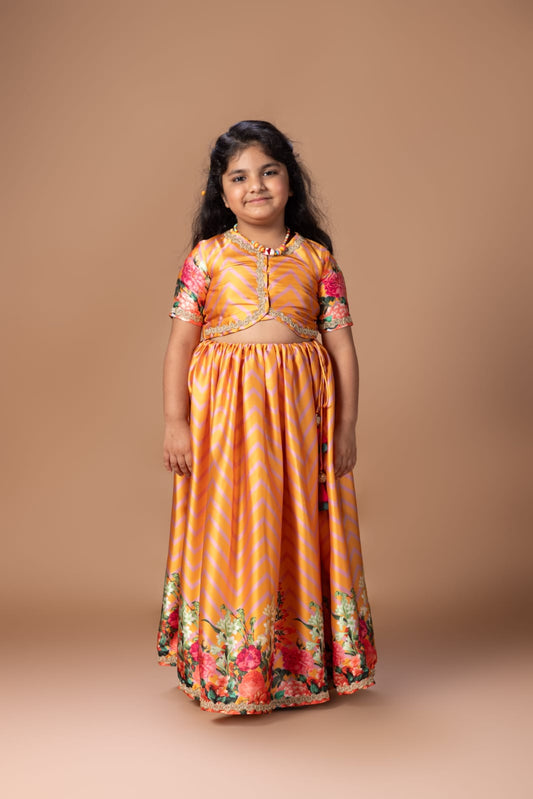 Orange Zigzag Flower Printed Blouse And Ghagara Set