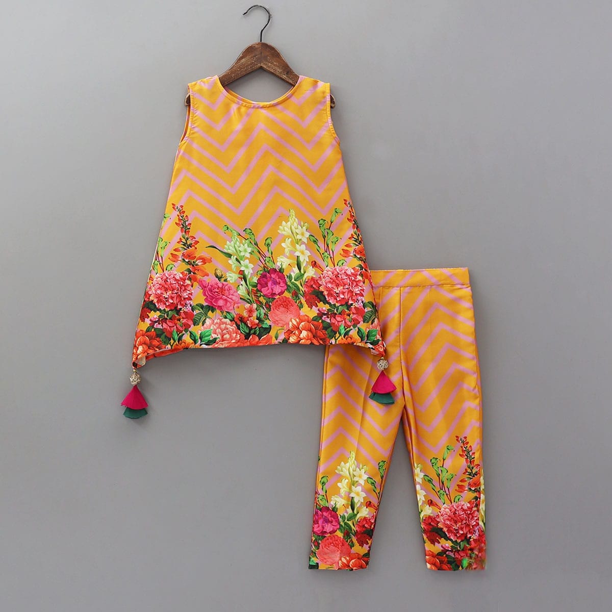 Orange Zigzig Flower Printed Kurti Top With Pant Set