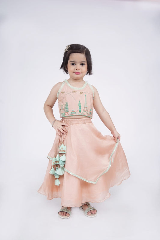 Onion Pink Travel Theme Hand Embroidered Blouse With Double Layer Ghagara Set