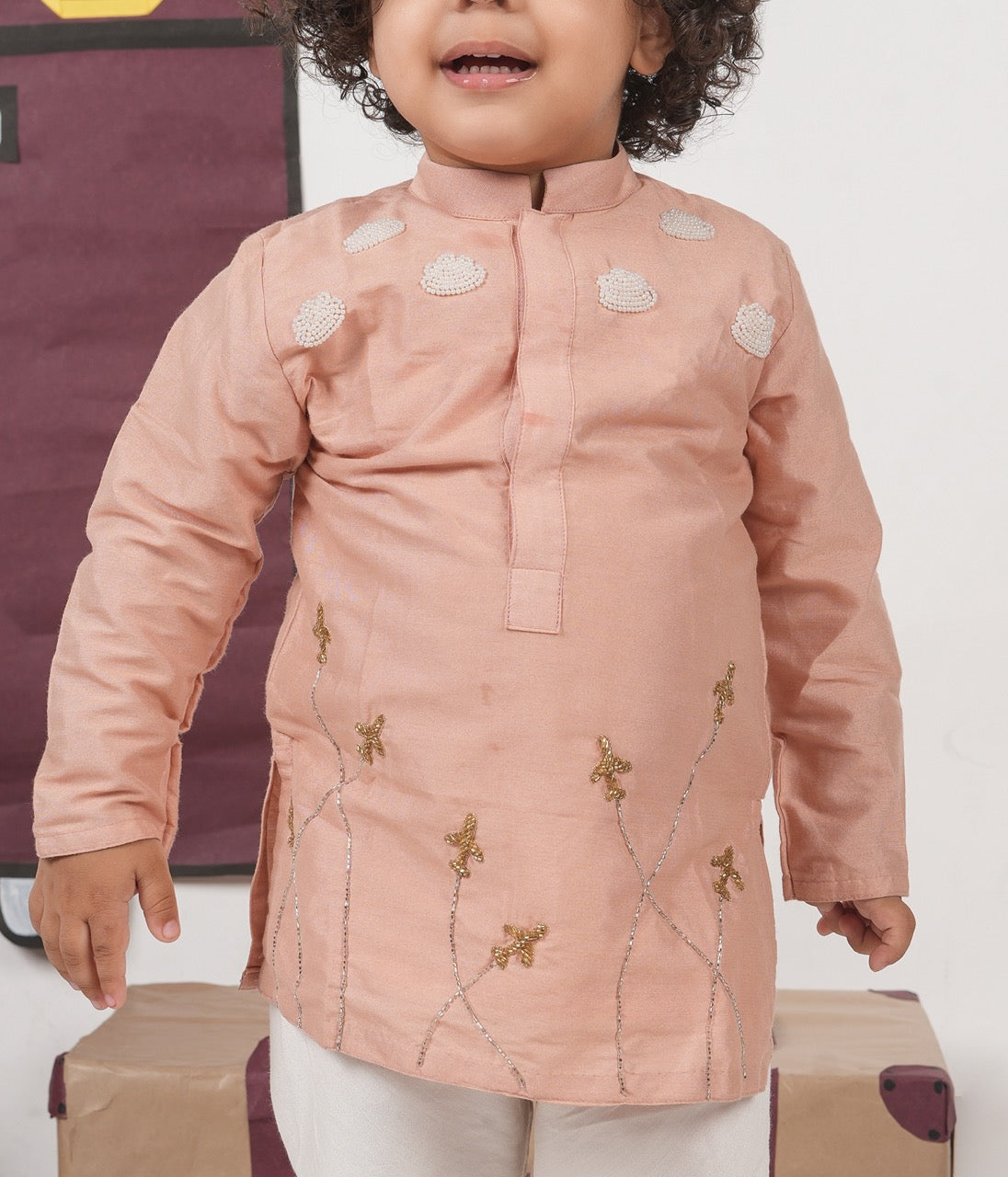 Onion Pink Aeroplane/Clouds Hand Embroidery Kurta With Pajama Set