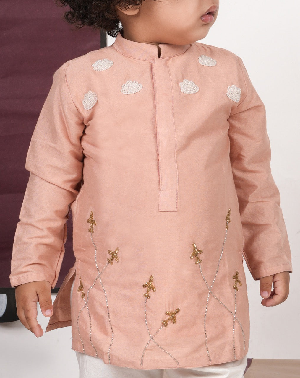 Onion Pink Aeroplane/Clouds Hand Embroidery Kurta With Pajama Set