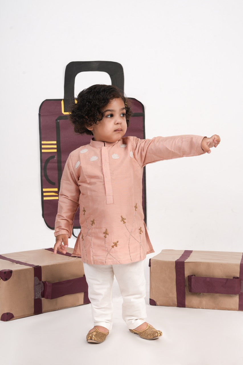 Onion Pink Aeroplane/Clouds Hand Embroidery Kurta With Pajama Set