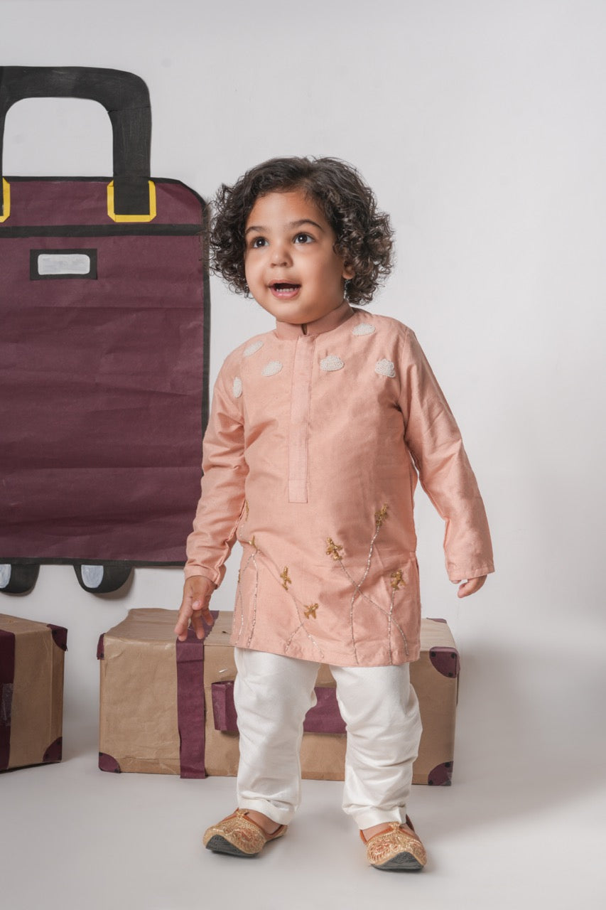 Onion Pink Aeroplane/Clouds Hand Embroidery Kurta With Pajama Set