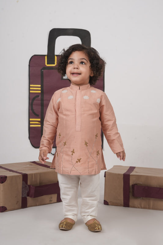 Onion Pink Aeroplane/Clouds Hand Embroidery Kurta With Pajama Set