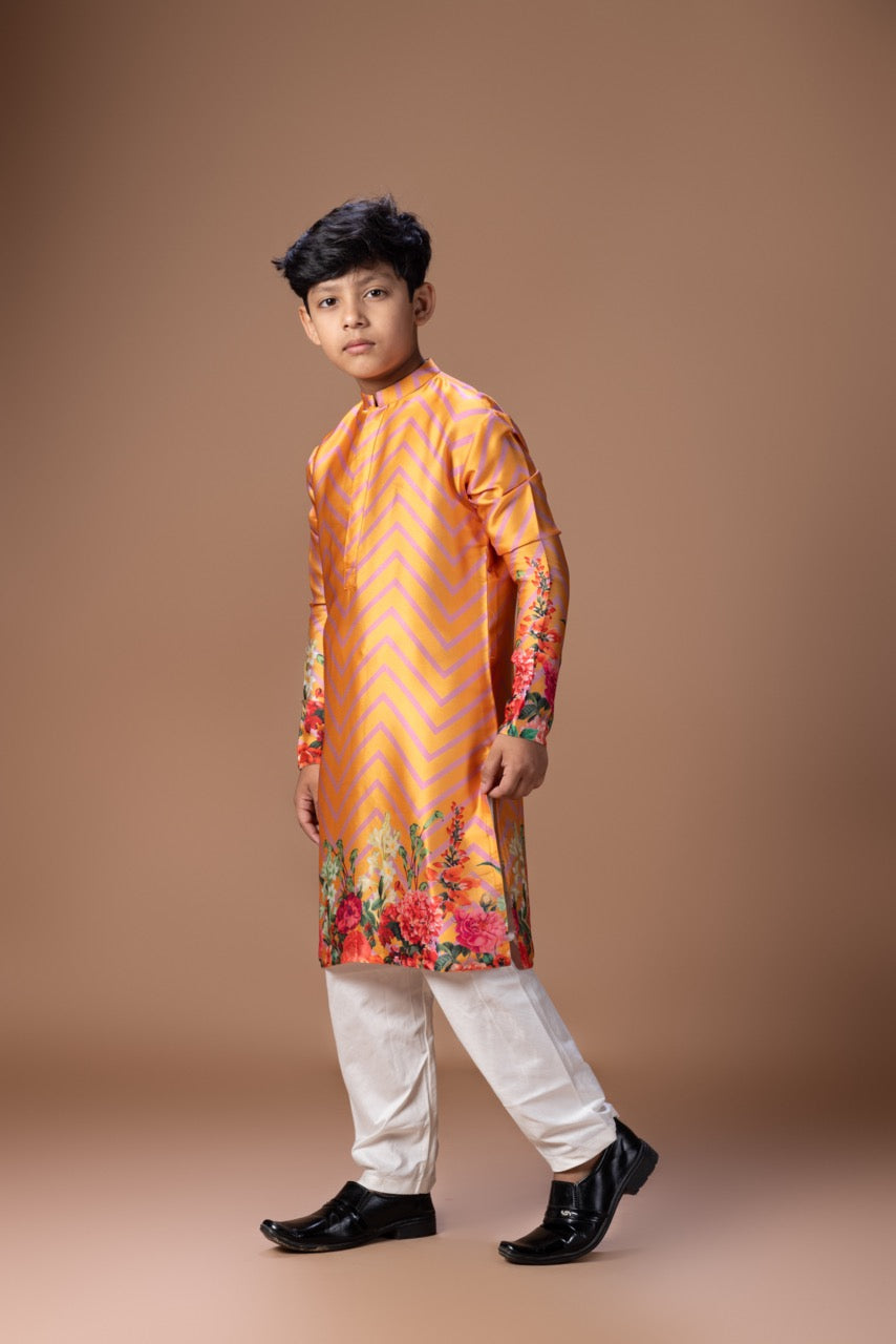 Orange Zigzig Flower Printed Kurta With Pajama Set