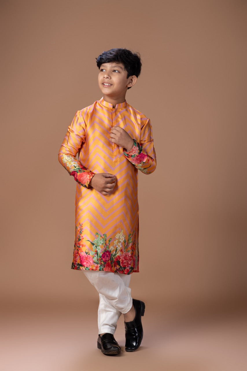 Orange Zigzig Flower Printed Kurta With Pajama Set