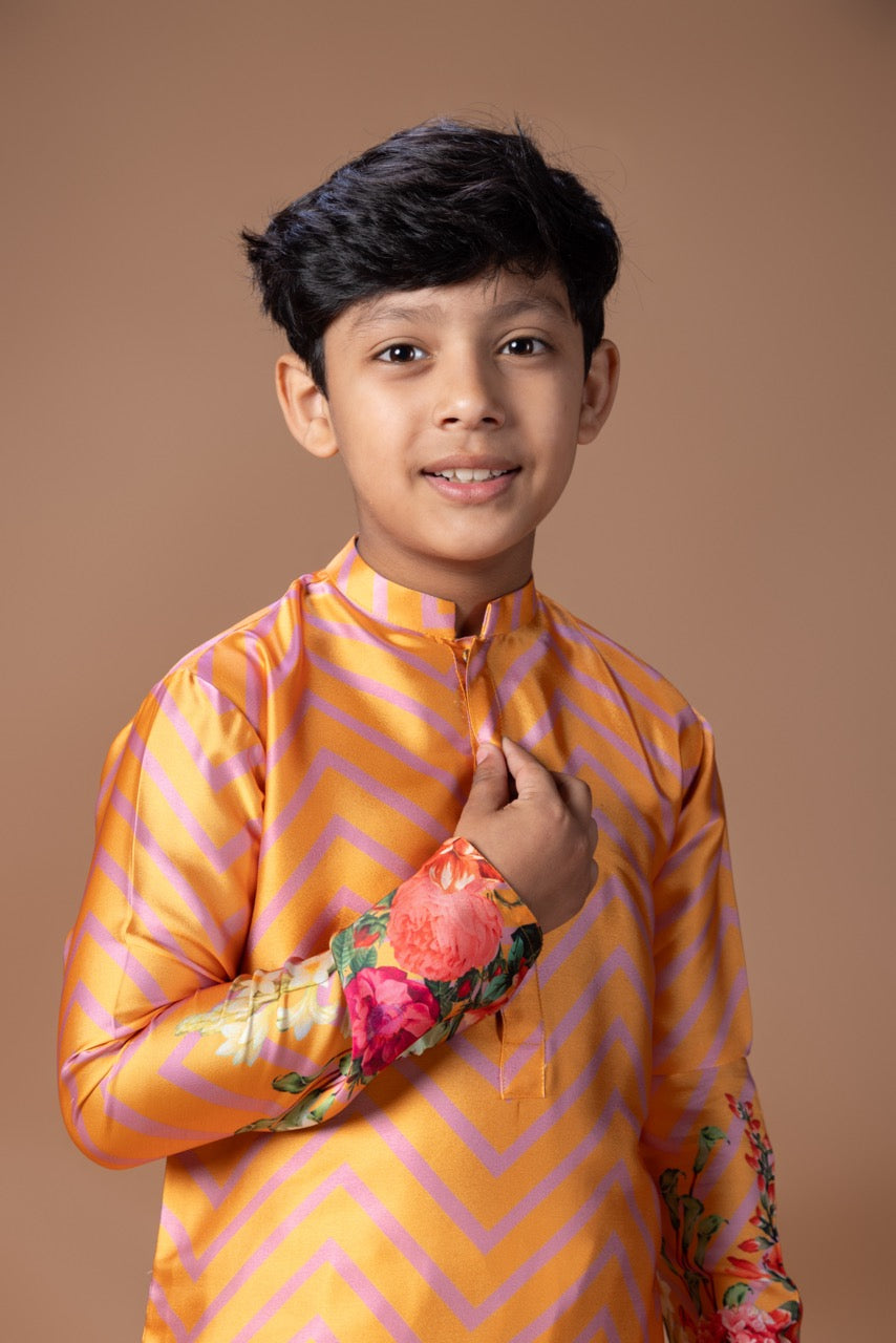 Orange Zigzig Flower Printed Kurta With Pajama Set