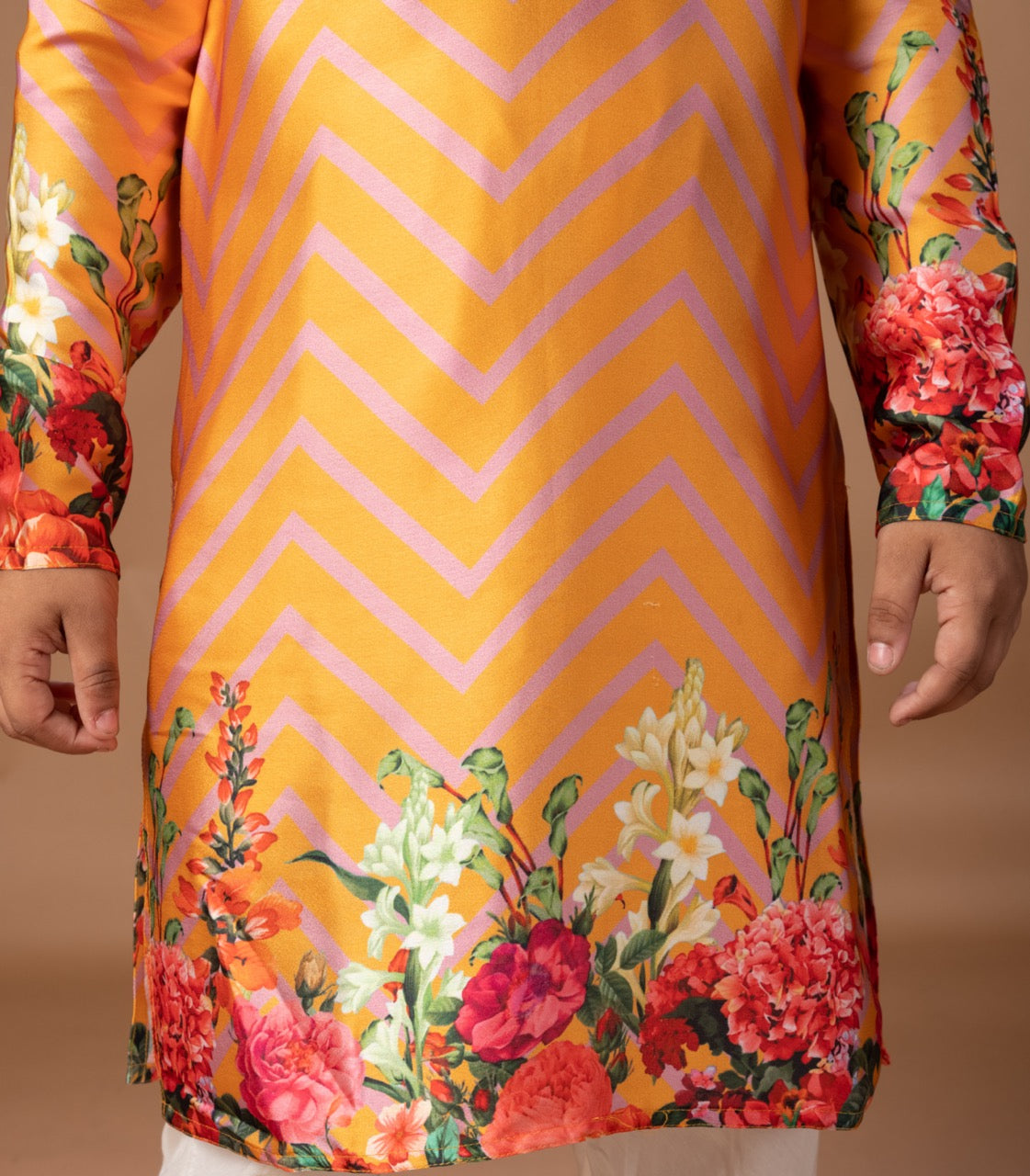 Orange Zigzig Flower Printed Kurta With Pajama Set