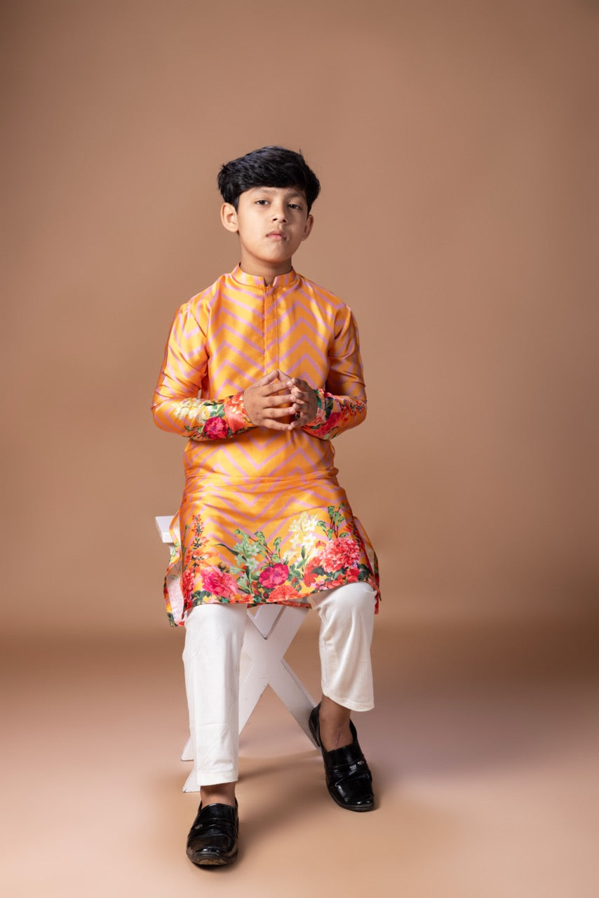 Orange Zigzig Flower Printed Kurta With Pajama Set