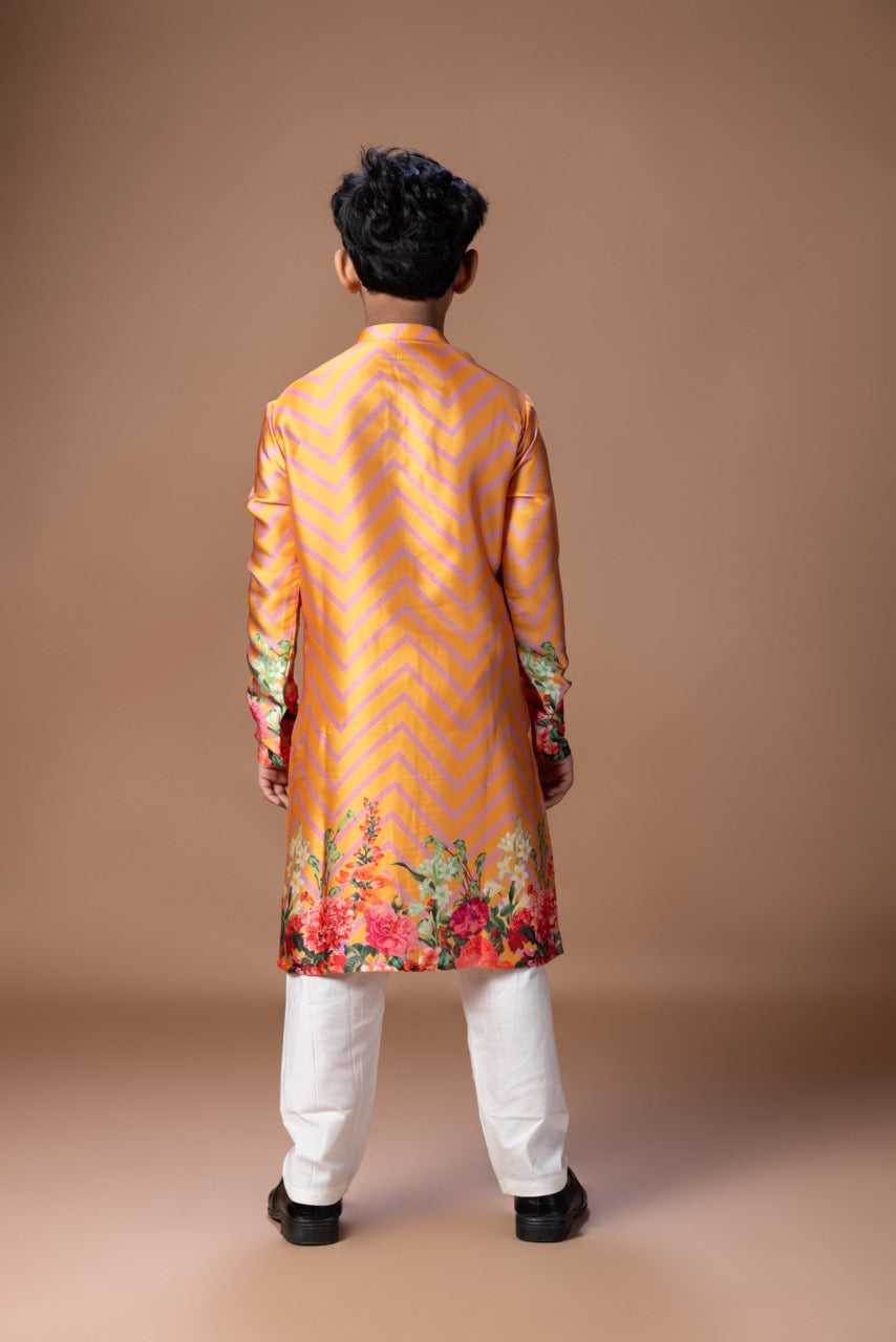 Orange Zigzig Flower Printed Kurta With Pajama Set