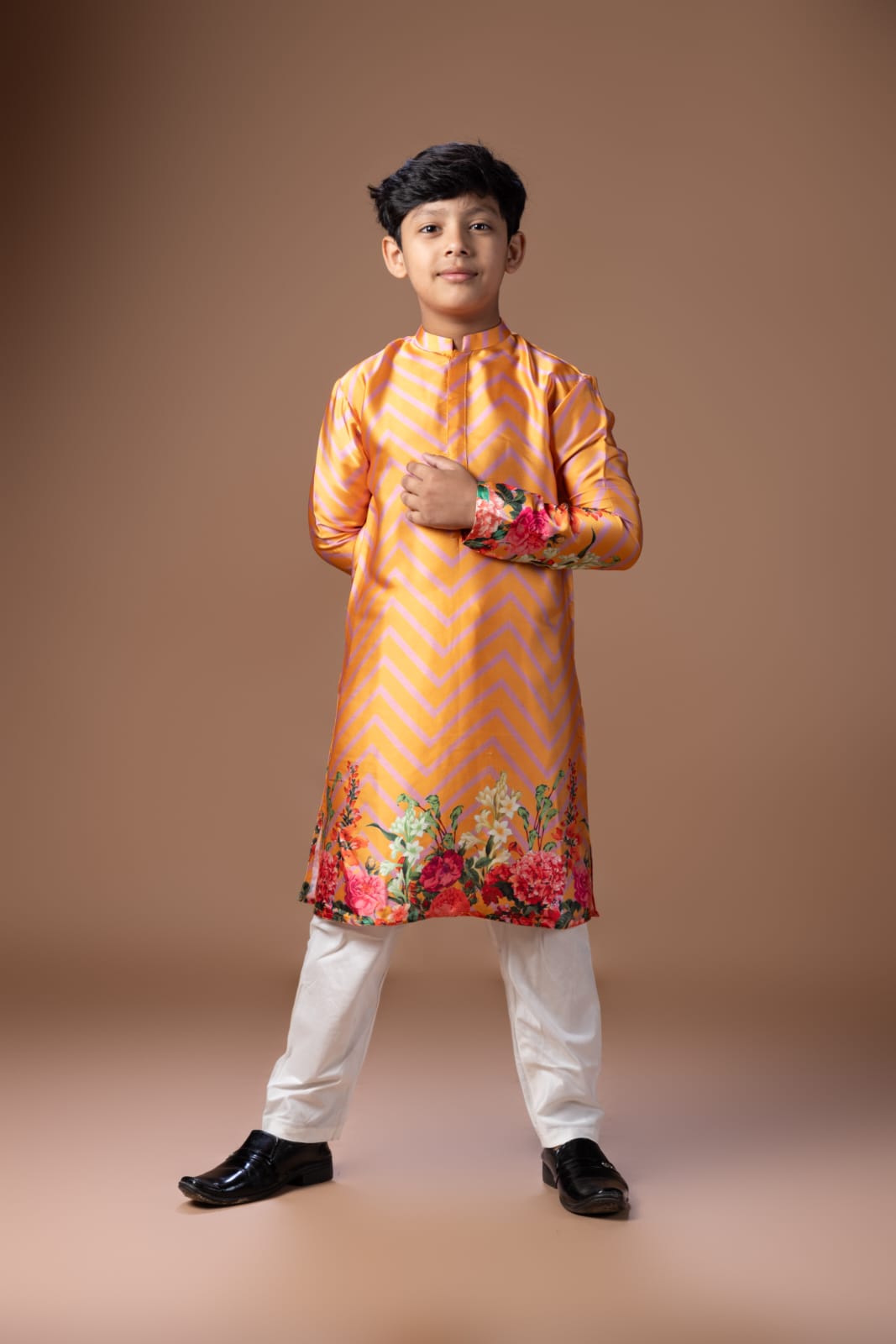 Orange Zigzig Flower Printed Kurta With Pajama Set