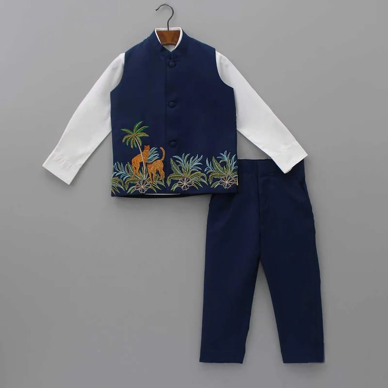 Prussian Blue Cheetah Hand Embroidery Bandhgala/shirt/pant Set