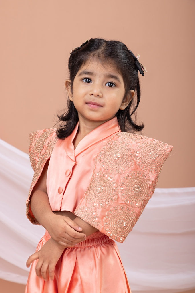 Peach Laple Collar Attached Cord And Zari Embroidered Blouse With Embroidered Plazo Set